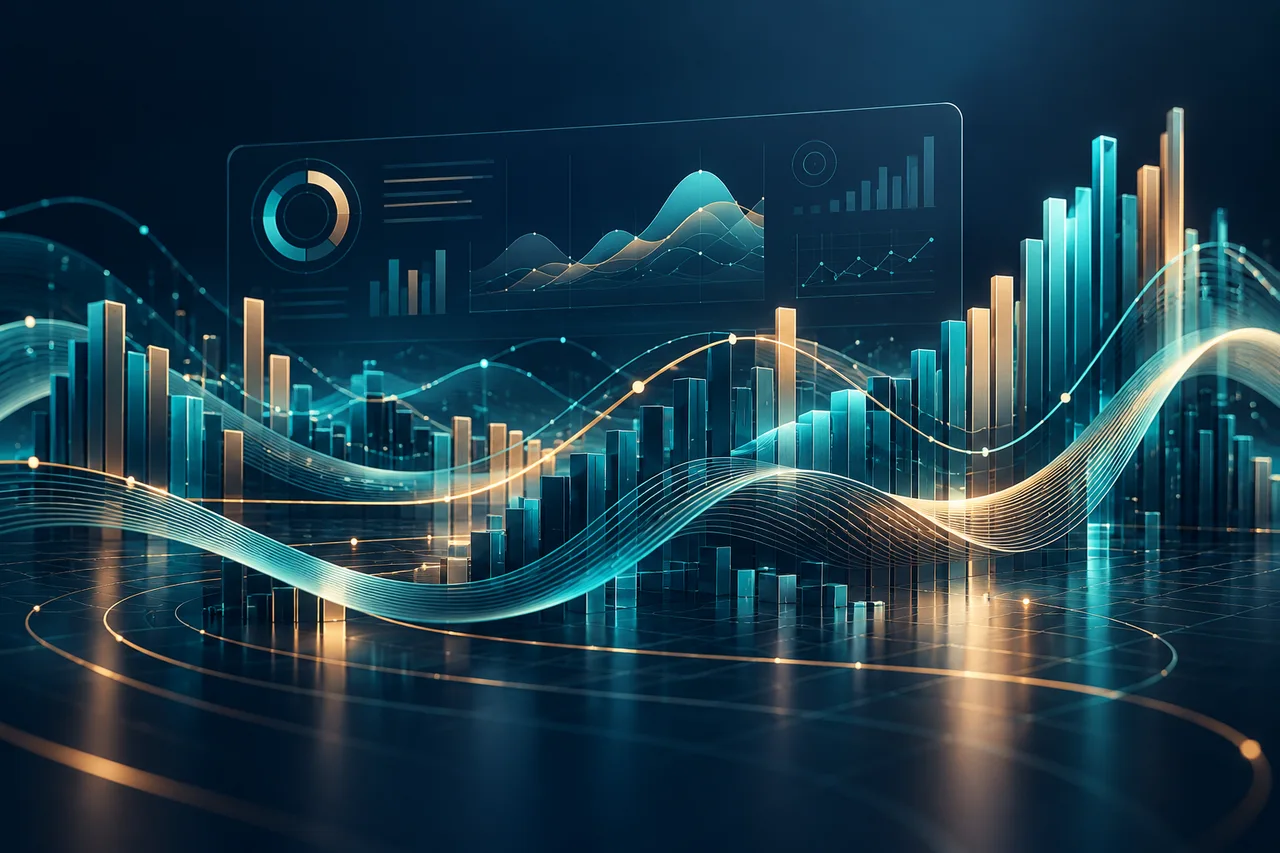 An architectural landscape of data columns and graph ribbons