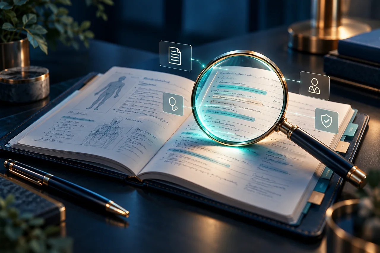 A review lens examining a clinical encounter notebook