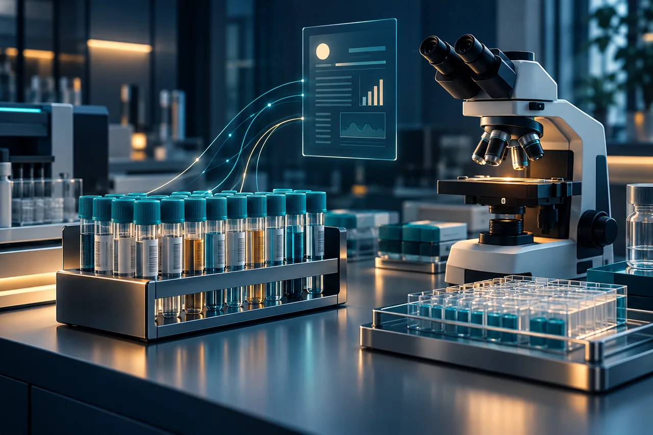 Laboratory sample tubes, a microscope, and connected report workflows