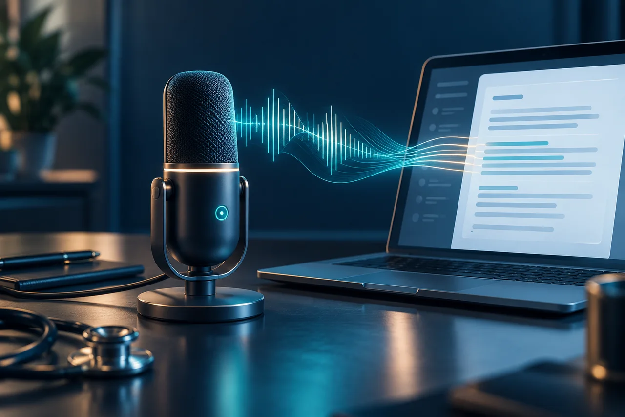 A microphone waveform transitioning into clinical note documentation