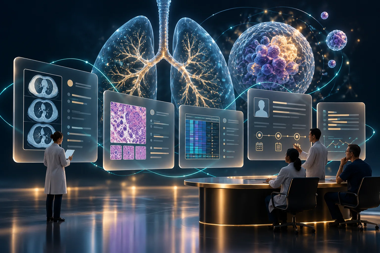Teal illuminated clinical documents connected with a sculptural lung form
