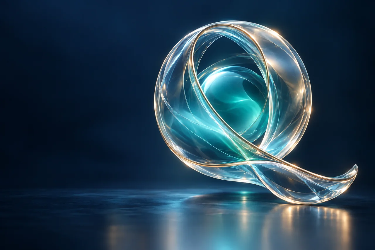 Teal glass Q surrounded by orbiting healthcare workflow tiles